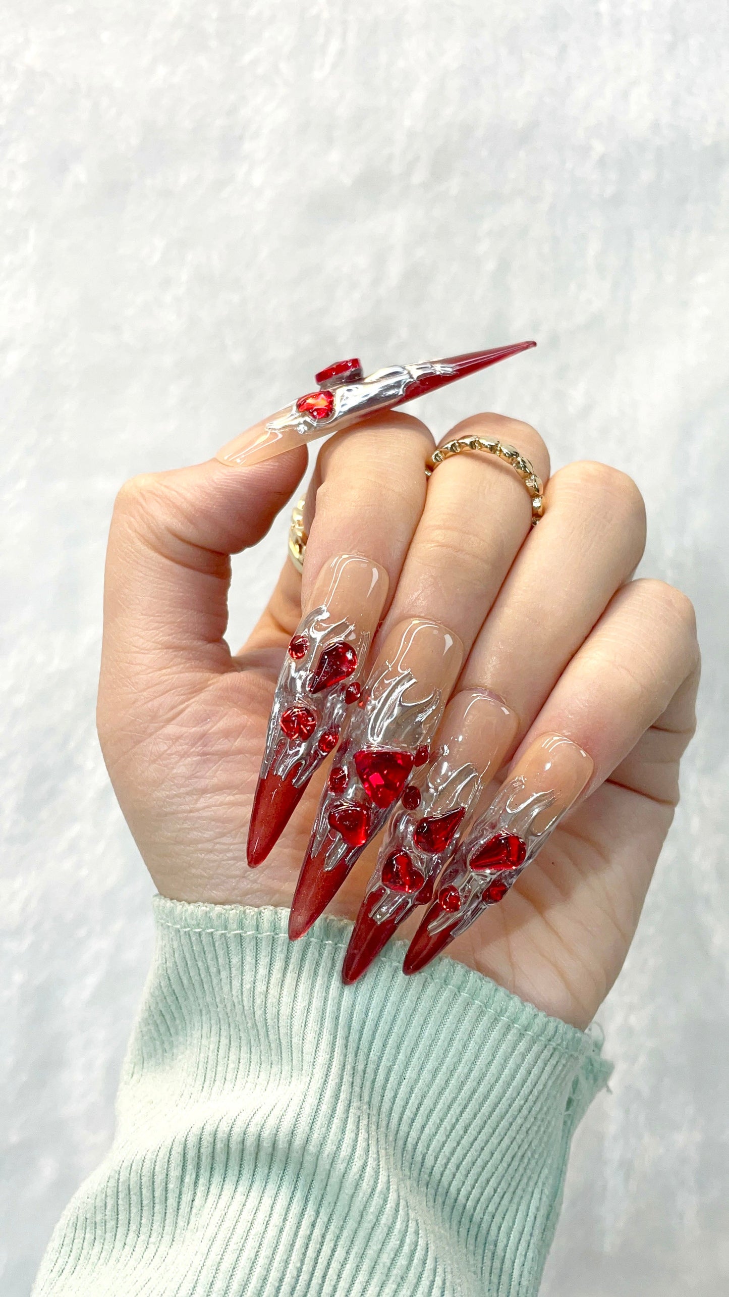 Fiery Red Bling Handmade Press on Nails M009