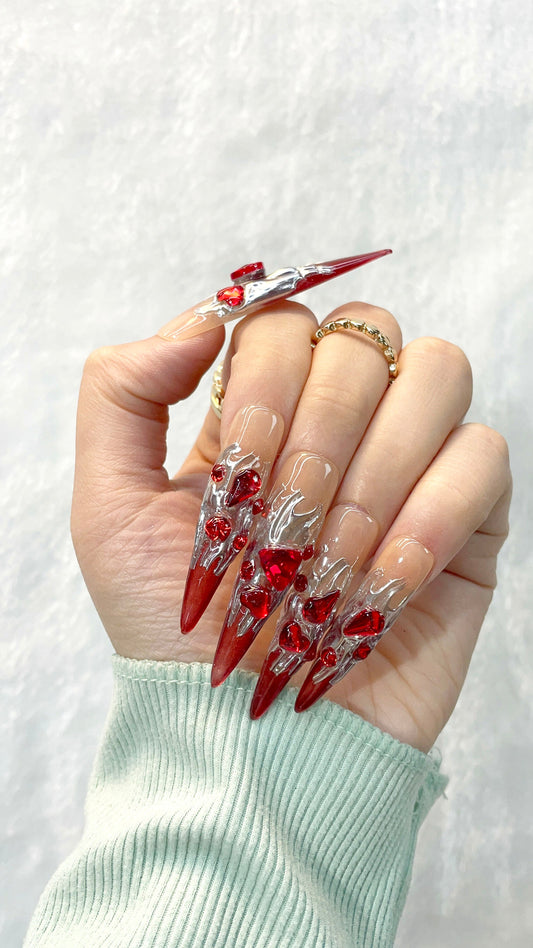 Fiery Red Bling Handmade Press on Nails M009