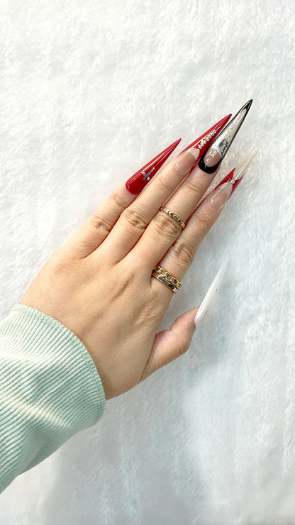 Red - Black Edge Handmade Press on Nails L128