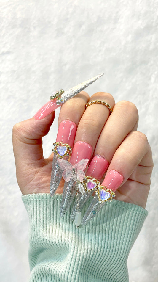 Pink - Silver Flutter Handmade Press on Nails M089