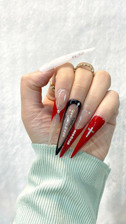 Red - Black Edge Handmade Press on Nails L128