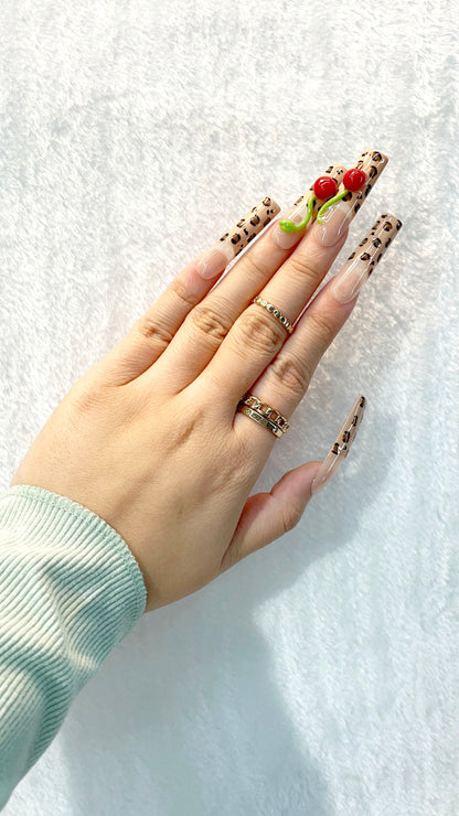 CherryLeopardCharm Handmade Nails L139