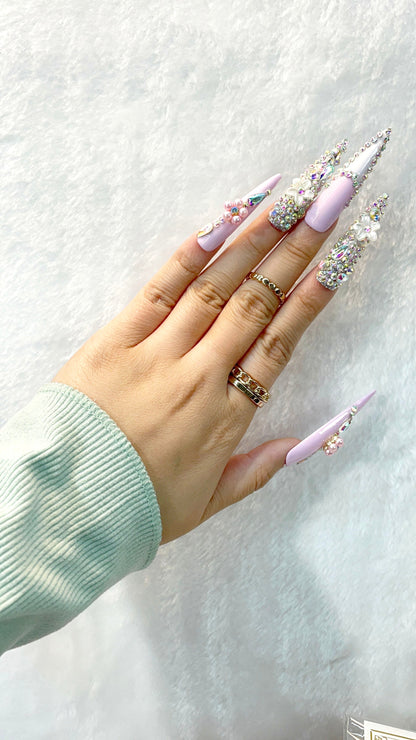 Floral Sparkle Lavender Handmade Press on Nails M083