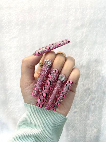 High Contrast-Glam Leopard Sparkle Handmade Press On Nails M072