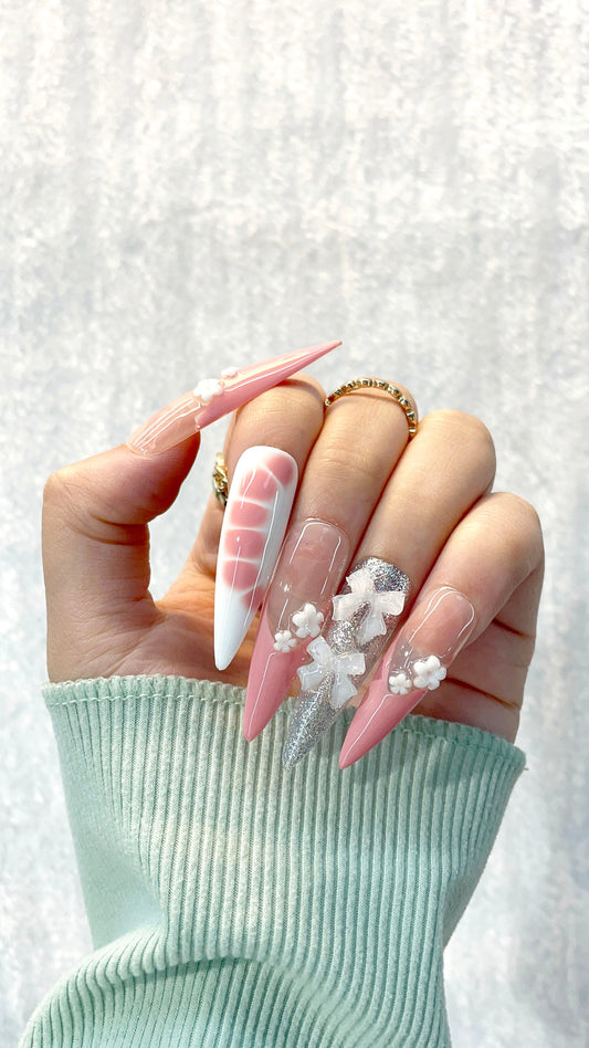 Pink - White Sweetie Handmade Press on Nails L125