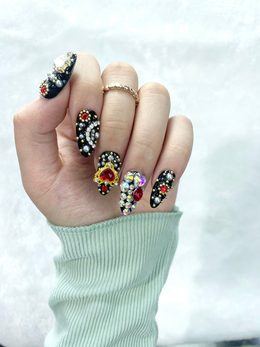 Crimson Noir Retro Baroque Handmade Press-On Nails L161