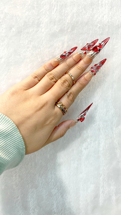 Fiery Red Bling Handmade Press on Nails M009